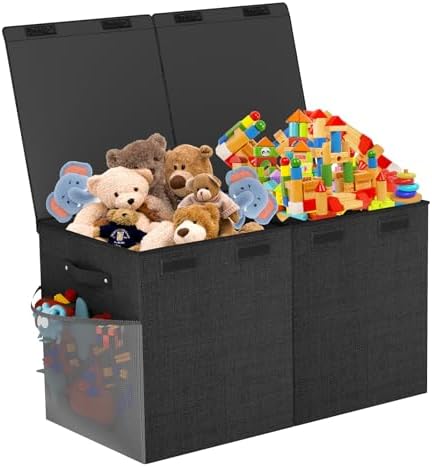 Large Toy Box Chest, Collapsible Sturdy Toy Storage Organizer Boxes Bins Baskets Dinosaur Kids Toy Chest Bin with Lids for Boys Girls Living Room Playroom Bedroom Nursery 25"x14"x16" Black by SAKAKI