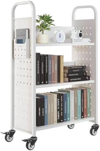 VEVOR Rolling Library Book Cart, 330 lbs Capacity, 30.3 x 15 x 48.0-Inch Library Cart, Single Sided L-Shaped Shelves with 3-Inch Lockable Wheels, Book Truck for Home Shelves Office and School, White by VEVOR