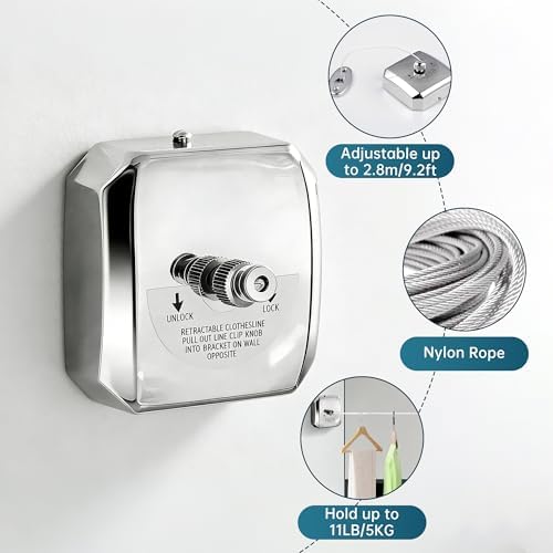 304 Stainless Steel Retractable Clothesline with Adjustable Rope String for Hanging Drying Shower Room(Sliver Square) - Image 5
