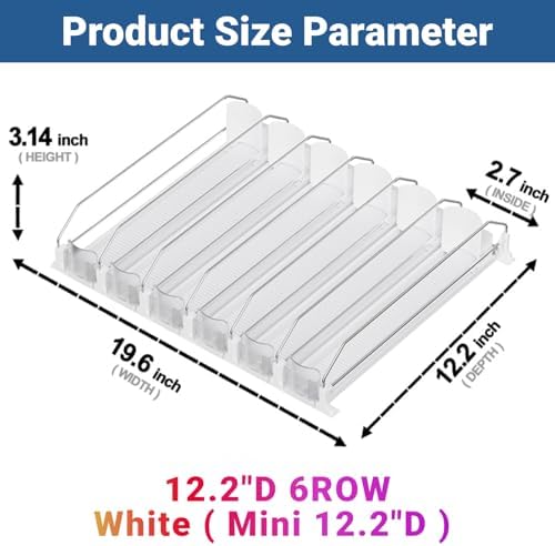 Drink Organizer for Mini Fridge (Fits Depth ≥ 12.2"), 12oz 16oz 20oz Soda Can Dispenser, Width Adjustable Automatic Pusher Glide, 12.2" D 6ROW Holds 24 Cans, White - Image 2