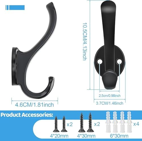 4 Pack Coat Hooks Wall Mount Heavy Duty Utility Retro Double Hooks for Hanging Coats,Hat, Towel, Key, Robe, Scarf, Bag, Cap (Black) - Image 3