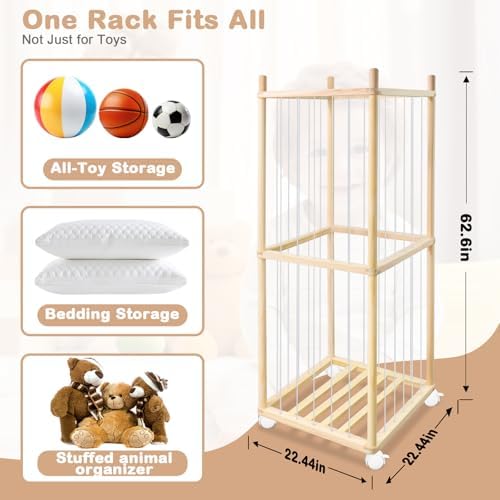 Stuffed Animal Storage, Wood Stuffed Animal Zoo Storage with Brake Wheels, Space Save Toy Organizer, Large Capacity Stuffed Animal Holder, Perfect for Nursery Playroom Kidroom Bedroom-63 Inch - Image 2