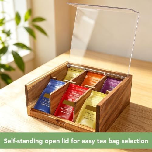 HTB Acacia Wood Tea Bag Organizer Storage Box with 6 Compartments - Image 3