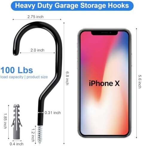 Garage Hooks Heavy Duty, Bike Hooks for Garage Wall Ceiling Mount, 100lbs Capacity Carbon Steel Bicycle Hangers with Anchors, Wide Opening Utility Storage Hooks for Mountain Road Bike Ladder 4 Pack - Image 2