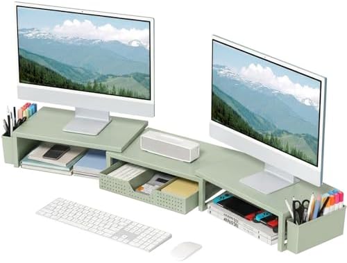 OPNICE Desk Organizers and Accessories, Dual Monitor Stand Riser with Drawer and 2 Pen Holders, Desk Shelf Computer Racks & Printer Stand for Office Workspace Organizers, Desktop Organization (Sage Green) by OPNICE
