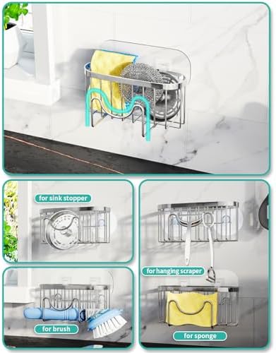 HapiRm Multifunctional Adhesive Kitchen Sink Organizer with M-Shaped, 2 Installation Methods Kitchen Sponge Holder, Rustproof Sponge Caddy for Brush, Sink Stopper and Scraper -Silver - Image 2