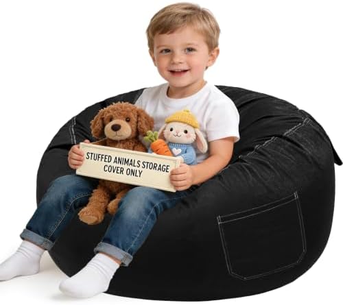 Lukeight Stuffed Animal Storage Bean Bag Chair Cover for Kids, Velvet Plush Toy Organizer Seat, Cover Only, No Filling Included, Long YKK Zipper, Side Pocket, Large 27"D x 16"H by Lukeight