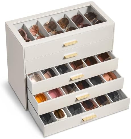 VLANDO 30-Slot Sunglasses Organizer Case with Clear Lid & 5 Drawers,Beige by VLANDO