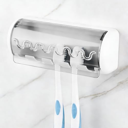 1 PCS Self Adhesive Toothbrush Holder with Cover for Bathroom, 5-Slot Wall Mounted Toothbrush Organizer Rack for Shower, Dorm, Cabinet (Grey) by LUEXBOX
