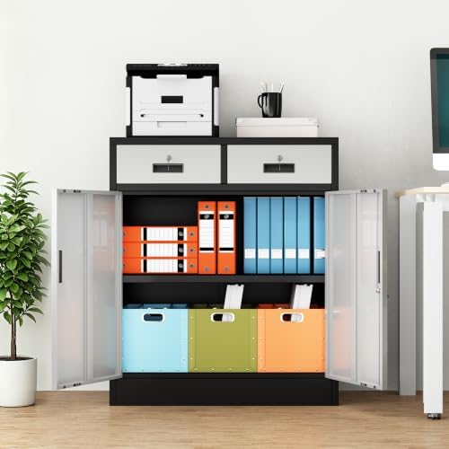 Wanfu Metal Storage Cabinet, 36" H Locking Storage Cabinet with 2 Drawers and Adjustable Shelf, Metal Cabinets for Office, Garage, Home-Black and Silver - Image 2