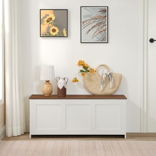 HOOBRO Storage Bench, 39.3" Retro Wooden Storage Chest, Wooden Storage Trunk, Toy Chest with Lift Top, Multifunctional Entryway Organizer, for Entryway, Living Room, White and Walnut WH141CW01G1 - Image 5
