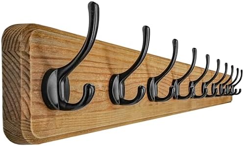 Dseap Coat Rack Wall: 38-1/4" Long, Patented, Heavy-Duty, 10-Double-Hooks Wooden Wall Mounted Coat Rack Coat Hanger Hook Rail for Winter Coats Hat Jacket Clothing, Weathered Brown by Dseap
