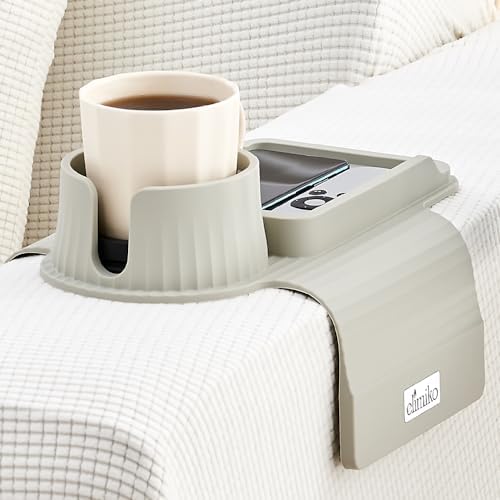 Couch Cup Holder Tray, Elimiko Silicone Sofa Drink Holder with Large Cup Holder and Tray, for Oversized Mugs/Long Remote/Snacks/Cellphone (Griege) by Elimiko