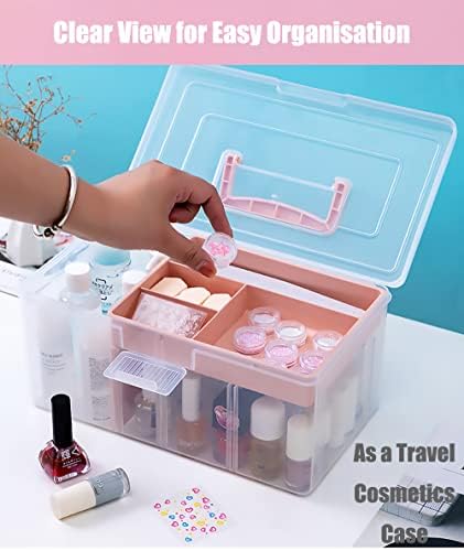 Clear Plastic Office Supply Art & Craft Storage Box, Sewing Box Organiser Large with a Removable Tray & Adjustable Partition, Portable Travel Makeup Case (Clear & pink) - Image 4
