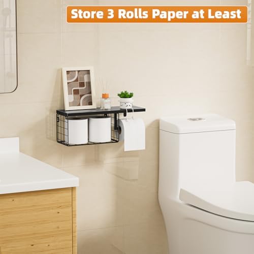 VITVITI Toilet Paper Holder with Shelf, Wall Mounted Storage Basket, Black - Image 3
