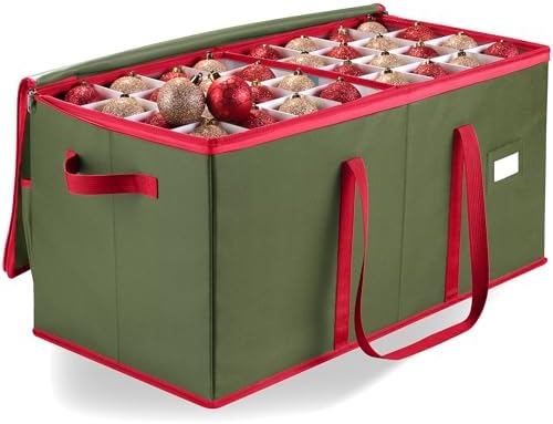 Christmas Ornament Storage - Stores up to 128 Holiday Ornaments, Adjustable Dividers, Zippered Top, Two Handles. Attractive Storage Box Keeps Holiday Decorations Clean and Dry for Next Season (Green) - Image 3