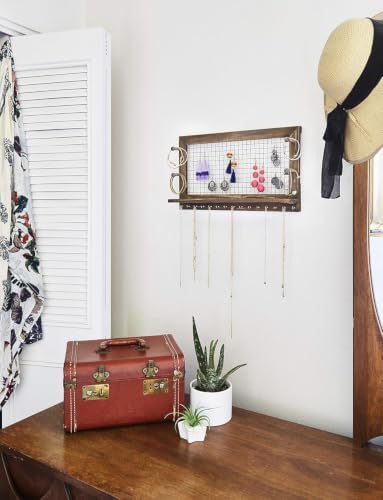 Rustic Jewelry Organizer Wall Mount with Bracelet Pegs-Necklace Holder Earring Hanger-Hanging Mounted Wooden Shelf to Display Earrings Necklaces and Accessories - Image 5