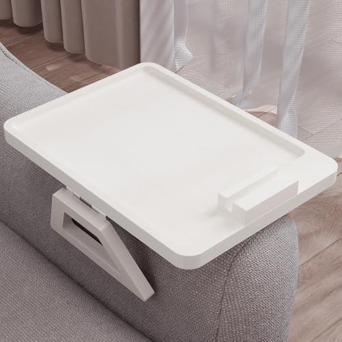 Couch Arm Tray with 360°Phone,Bamboo Folding Sofa Tray,Sofa Armrest Trays Clip-On Couch Desk for Drinks,Snacks,Phone,Remote Control（White） by DANFOXER
