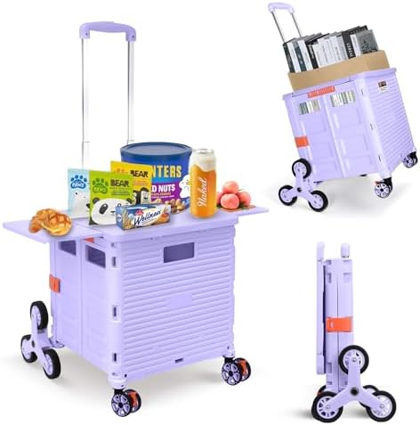 Foldable Utility Cart Collapsible Portable Crate Rolling Carts with Stair Climbing Wheels Tote Basket with Magnetic Lid Telescopic Cover Wear-Resistant 360°Rotate Wheel Noiseless for Shopping Office by SELORSS