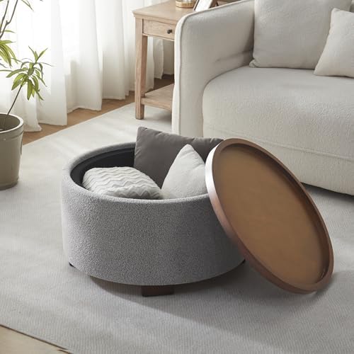 Zihanhome 30 Inch Round Storage Ottoman, Ottoman Coffee Table with Lift Off Lid, Boucle Modern Ottomans with Storage for Living Room, Bedroom, Apartments (Light Grey) - Image 5
