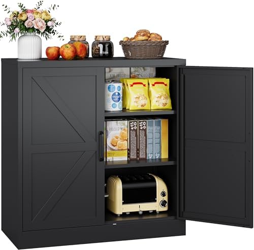 Black Storage Cabinet with Doors and Adjustable Shelves,36" Tall Farmhouse Food Pantry Cabinets,Small Sideboard Cabinet,Short Metal Storage Cabinets for Home Kitchen,Dining/Living/Laundry/Room by SISESOL