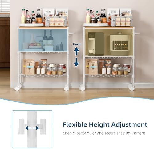 Whitmor 3 Tier Rolling Kitchen Cart,27.6"x10"x21.7”Heavy Duty Metal Storage Cart with Wheels, Adjustable Shelves, Lockable Utility Cart with Wood Top & Portable Handle for Indoor & Outdoor Use, White - Image 5