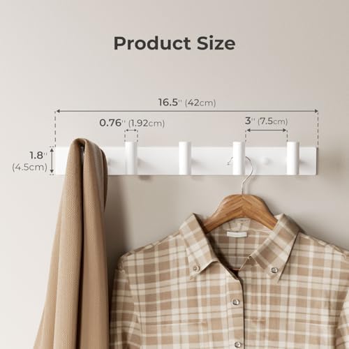 White Wall Mounted Coat Rack – 5 T-Shaped Hooks on 16.5" Rail, (1 Pack) - Image 2