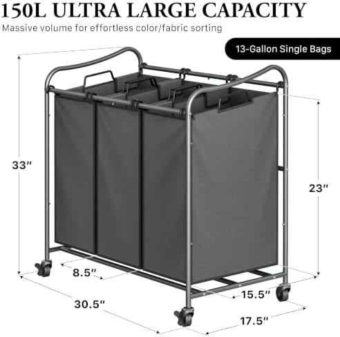 Simple Houseware Heavy Duty 3-Bag Laundry Sorter Rolling Cart, Dark Grey - Image 2