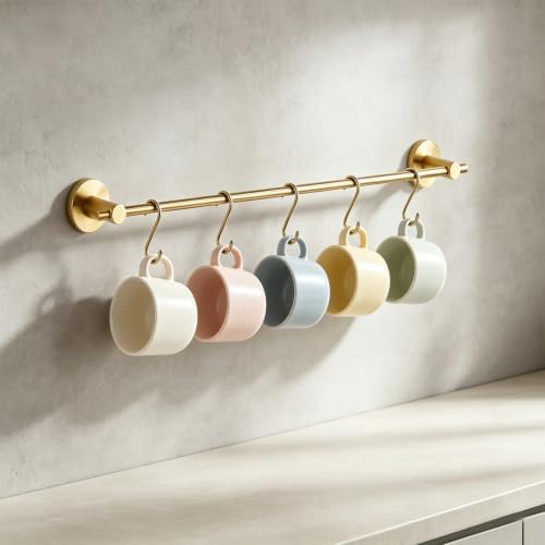 NEWRAIN Hanging Pot Rack for Wall Mount – 17.5 Inch Stainless Steel Brushed Gold Pot Rack with 5 Hooks, Space-Saving Organizer, Perfect for Small Kitchens, Pots, Pans, Mug& Towel. - Image 4