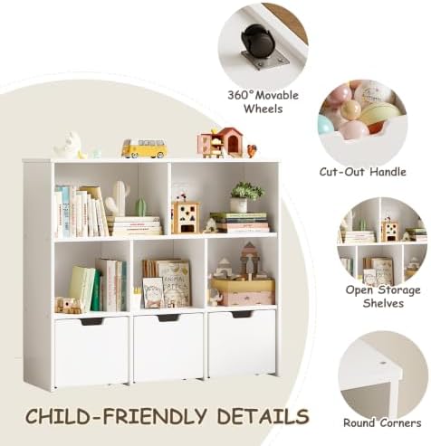 EXPERLAM Toy Storage Organizer, Wooden Kids Bookshelf and Toy Organizer with 3 Rolling Drawers, 5 Storage Cubes, Montessori Playroom Storage Cabinet, White - Image 6