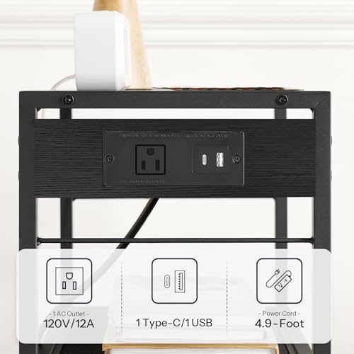 HOOBRO Industrial Printer Stand, 3-Tier Mobile Printer Table, Rolling Cart with Power Outlets and USB Ports, Home Printer Stand with 2 Hooks, for Office, Living Room, Black BB22UPS01 - Image 4