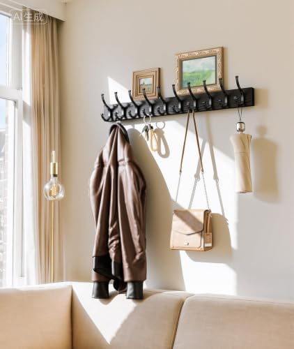 Optish 1 Pack Wooden Black Coat Rack Wall Mount, 16.1" Rustic Coat Hanger Hooks with 10 Double Hooks, Wall Coat Rack for Hat, Clothes, Bags, Jacket - Image 6