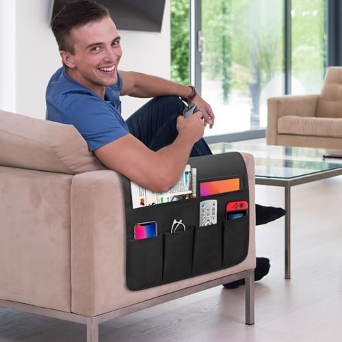 Non-slip Couch Organizer Armchair Caddy, Oxford TV Remote Control Holder Bedside Caddy with 5 Pockets for Key Glasses Phone Magazine Holders. - Image 2