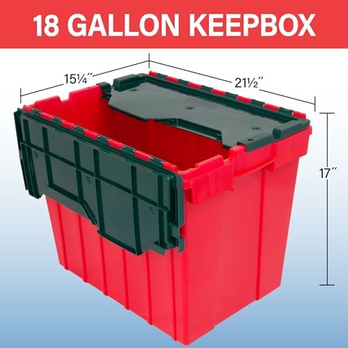 Akro-Mils 66497RDGRN 18 Gallon Plastic Stackable Storage KeepBox Tote Container with Hinged Attached Lid, 21-Inch L x 15-Inch W x 17-Inch H, Red/Green - Image 3