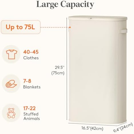 Lifewit Slim Laundry Basket with Lid and Removable Bag, 75L, White - Image 3
