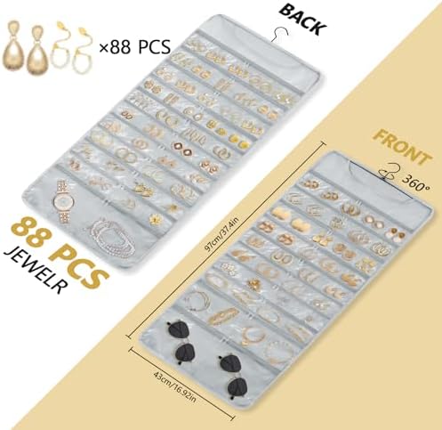 FOREGOER Hanging Jewelry Organizer 88 Zippered Pocket, 2-Sided,1 Pack Gray - Image 3