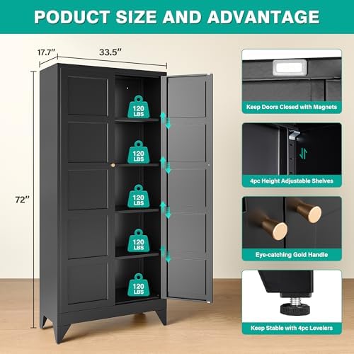 SISESOL Wide & Deep Metal Storage Cabinets with 2 Doors and 5 Shelves,Tall Storage Cabinet,Large Cupboard Closet,Pantry Storage Cabinet for Home,Kitchen,Dining/Living Room (Black, 72" H) - Image 2