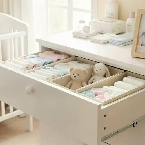 Small Foldable Fabric Drawer Organizer 6 Pack Beige - 11“ Breathable Closet & Dresser Storage Bins for Socks, Underwear, Bras & Baby Clothes - Image 4