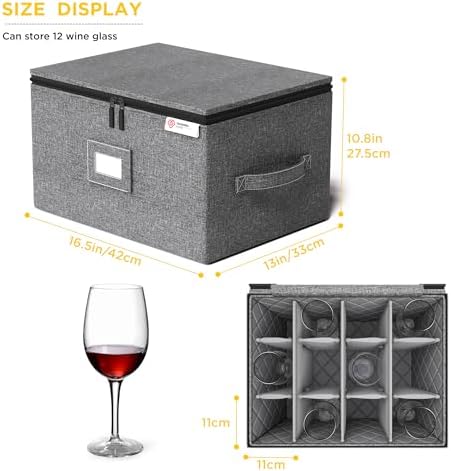 YearningHome 2 Pack Wine Glass Storage Box with Dividers,Stemware Storage Cases with Sturdy Handle and Hard Shell for Glassware Crystal Storage,Transport and Moving,Holds 24,Grey - Image 2