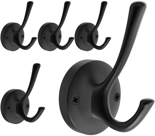 TOFIIGREM Black Towel Hooks for Wall, 5 Pack Coat Robe Hook Heavy Duty Metal Double Bath Hook Wall Mounted, Hat Hooks for Cubicle Bathroom Kitchen Closet Garage by TOFIIGREM