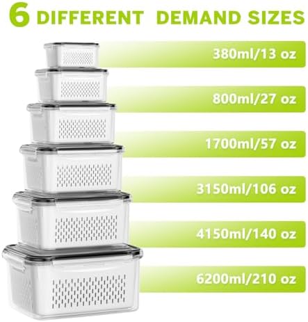 HOMETALL 6 PCS Fruit Storage Containers for Fridge with 6 Removable Colanders, BPA Free Produce Containers for refrigerator, Dishwasher & Microwave Safe Food Containers Keep Fruit, Salad, Berry, Fresh - Image 3