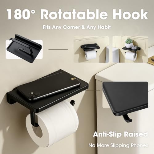 TRUSTMI Toilet Paper Holder with Shelf & Phone Stand, Matte Black - Image 2