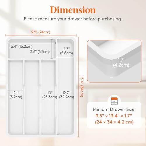 Lifewit Silverware Drawer Organizer Tray, Plastic Cutlery Storage for Kitchen, Flatware and Utensil Holder Divider for Spoons Forks Knives Tableware, 9.5 x 13.4", 5 Slots, White - Image 2