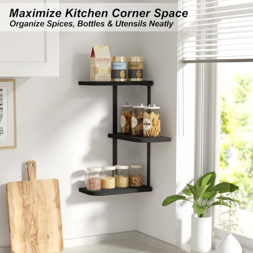 Love-KANKEI Corner Wall Shelf 3 Tier,Solid Wood with Bracket,17" Tall,Black - Image 3