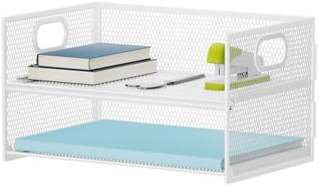 Marbrasse 2 Tier Paper Organizer Letter Tray, Mesh File Organizer with Handle, Paper Sorter Desk Organizer for Home Office Supplies - White by Marbrasse
