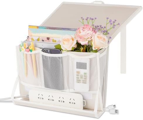 Bedside Caddy Organizer for Dorm Bed Rails with 7 Pockets, White by Retyion