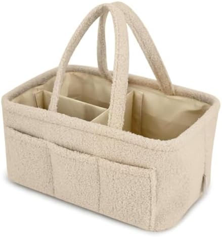 Baby Diaper Caddy Organizer - Soft Beige Sherpa Diaper Storage Bag | Nursery Organizer with 3 Removable Compartments & 6 Side Pockets - Portable Baby Organizer for Diapers,Wipes & Essentials by YelloIrisBrands