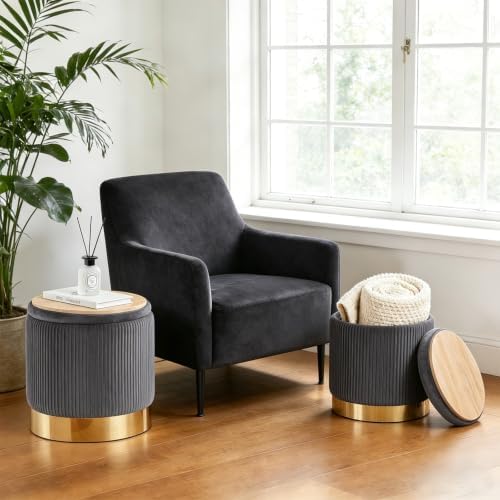 Round Ottoman with Storage Set of 2 Gray Velvet Vanity Stool - Image 5
