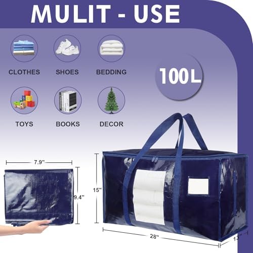 4 Pack Extra Large Moving Bags Heavy Duty 180GSM,130LBS 100L Totes with Visible Window, Zippers & Wrap-Around Handles, Waterproof Reusable, Alt to Moving Boxes, Navy blue - Image 2