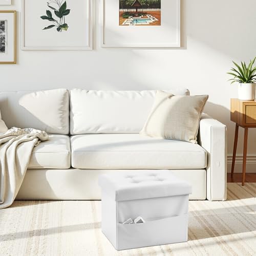 AmasSmile Ottoman with Storage,17" Folding Leather Foot Rest Chest,White - Image 4